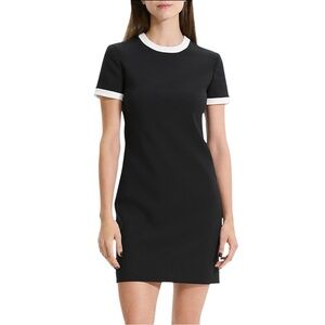 Theory Mini Dress Crew Neck Short Sleeve Fitted Sheath Black White Trim 2 NWT
